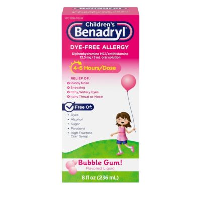 Children’s Benadryl Allergy, Dye Free, Liquid, Bubble Gum! Flavored 8 Fl Oz